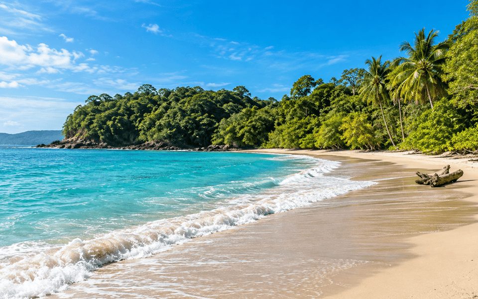 Jungle-lined tropical beach with clear turquoise water and driftwood on the sand in Belize