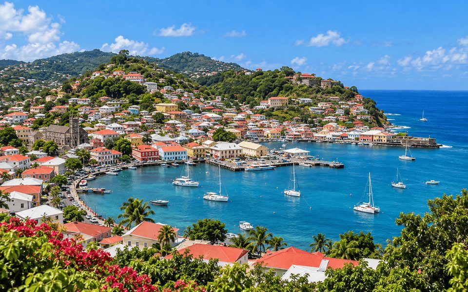 Colourful hillside town and horseshoe harbour of St. George's, Grenada