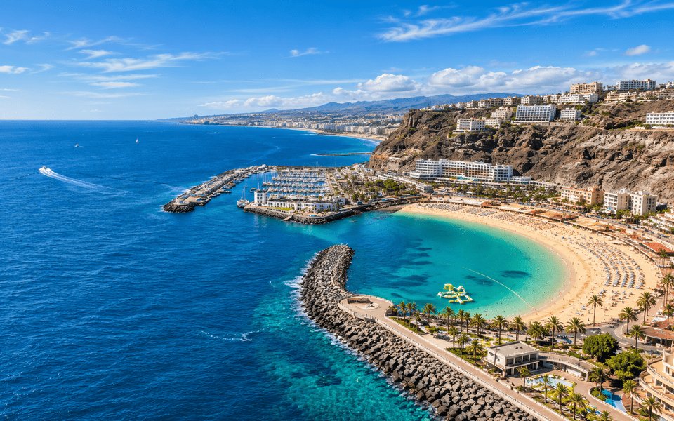 Aerial view of Playa de Amadores on Gran Canaria, with a crescent turquoise bay, golden sand and white cliffside resorts