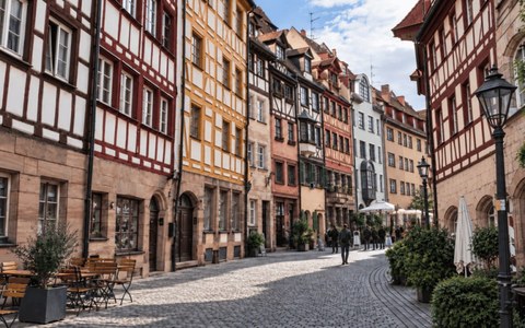 Half-timbered buildings along a river in Nuremberg
