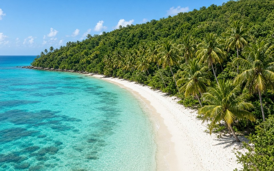 Curved white sand beach and turquoise Caribbean water below palm-covered hills on Roatán for international December flight deals from Miami