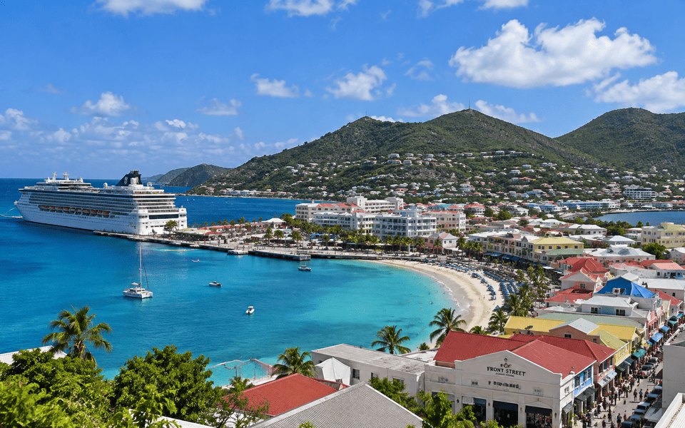 Aerial view of Great Bay in Philipsburg, Sint Maarten for international January flight deals from Montreal